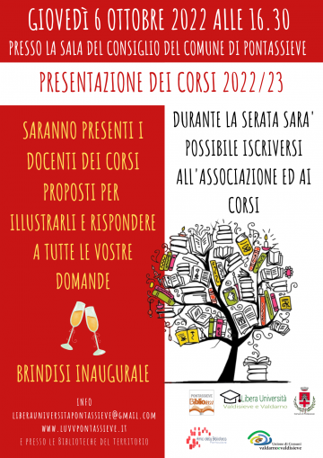 Pontassieve, Libera Universita. Giovedì 6 ottobre 2022, presentazione dei corsi Pontassieve, Libera Universita. Giovedì 6 ottobre 2022, presentazione dei corsi