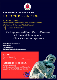 La pace della Fede, Pontassieve sabato 23 settembre ore 17,00 sala del Consiglio comunale