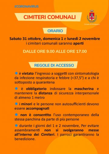 Cimiteri Comunali regole di accesso in occasione delle celebrazioni di Ognissanti 2020
