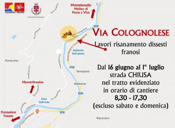 via Colognolese. Da giovedì 16 giugno parte un nuovo lotto di lavori sulla via che collega Pontassieve e Montebonello via Colognolese. Da giovedì 16 giugno parte un nuovo lotto di lavori sulla via che collega Pontassieve e Montebonello