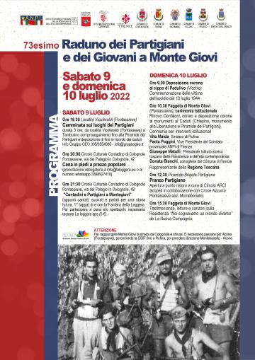 Sabato 9 e domenica 10 luglio 2022 torna il Raduno dei Partigiani e dei Giovani a Monte Giovi, per una 73esima edizione all’insegna della socialità e della condivisione di un luogo simbolo per la Storia Partigiana e per la Lotta di Liberazione Sabato 9 e domenica 10 luglio 2022 torna il Raduno dei Partigiani e dei Giovani a Monte Giovi, per una 73esima edizione all’insegna della socialità e della condivisione di un luogo simbolo per la Storia Partigiana e per la Lotta di Liberazione